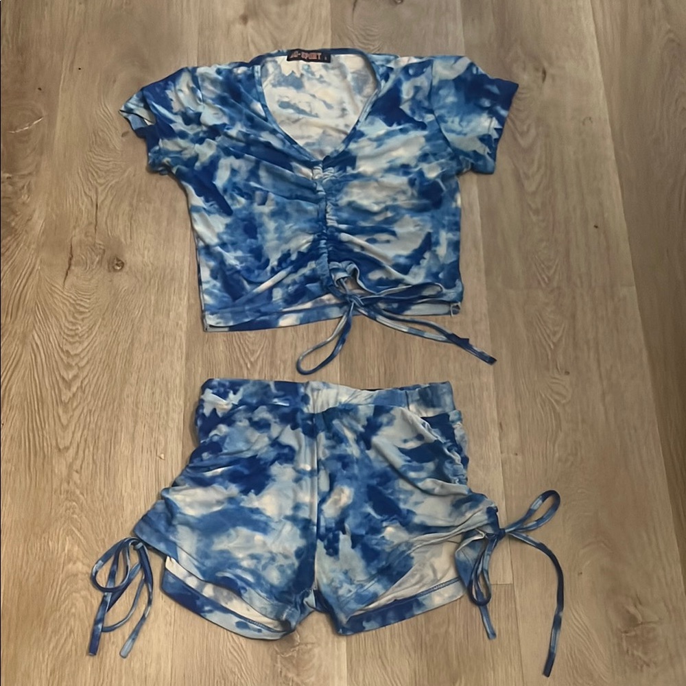 Blue Tie-Dye Ruched Top and Shorts Set